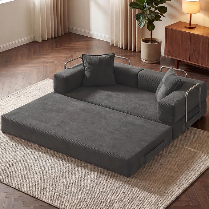 GRUSIGN 78 Inch Convertible Sofa Bed, 5-in-1 Futon Sofa Bed Pull Out Couch, Boneless Couch Bed for Living Room, Corduroy Boneless Couches for Bedroom, Apartment, No Assembly Sleeper Sofa Bed, Gray