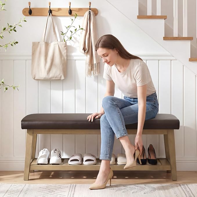 Entryway Bench with Cushion, Upholstered Shoe Rack Bench with Solid Wood Shelf, 44" End of Bed Bench for Bedroom, Chenille Fabric Storage Bench for Entryway, Hallway, Living Room (PU-Brown)