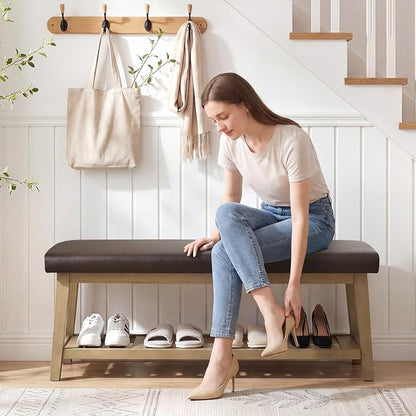 Entryway Bench with Cushion, Upholstered Shoe Rack Bench with Solid Wood Shelf, 44" End of Bed Bench for Bedroom, Chenille Fabric Storage Bench for Entryway, Hallway, Living Room (PU-Brown)