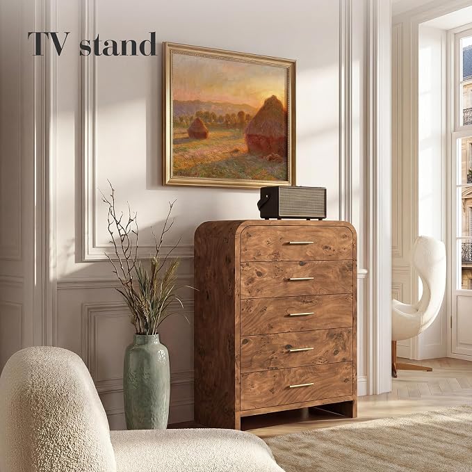Curved 5-Drawer Dresser for Bedroom, 45.59" Tall Modern Chest of Drawers, Wooden Chest of Drawers for Living Room, Closet Storage Organizer Furniture, Nursery, Hallway, Dark Burl