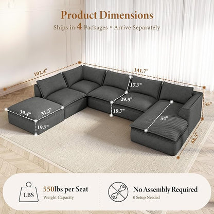 Vesgantti 141.7" Oversized Sectional Boneless Sofa with Chaise, 7 Seat Corduroy Modular Couch with Ottoman, Convertible Deep Seat Cloud Sofa for Living Room, No Assembly Required, Dark Gray
