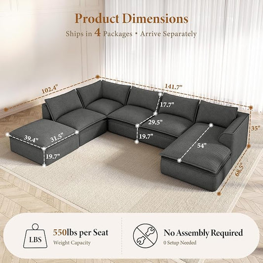 Vesgantti 141.7" Oversized Sectional Boneless Sofa with Chaise, 7 Seat Corduroy Modular Couch with Ottoman, Convertible Deep Seat Cloud Sofa for Living Room, No Assembly Required, Dark Gray