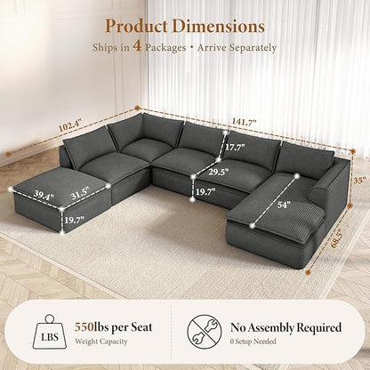 Vesgantti 141.7" Oversized Boneless Sectional Couch, Modern 7 Seater Modular Sofa with Chaise & Ottoman, Deep Seat Corduroy Cloud Couches for Living Room, No Assembly Required, Dark Gray