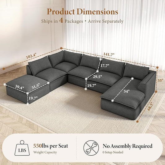 Vesgantti 141.7" Oversized Boneless Sectional Couch, Modern 7 Seater Modular Sofa with Chaise & Ottoman, Deep Seat Corduroy Cloud Couches for Living Room, No Assembly Required, Dark Gray
