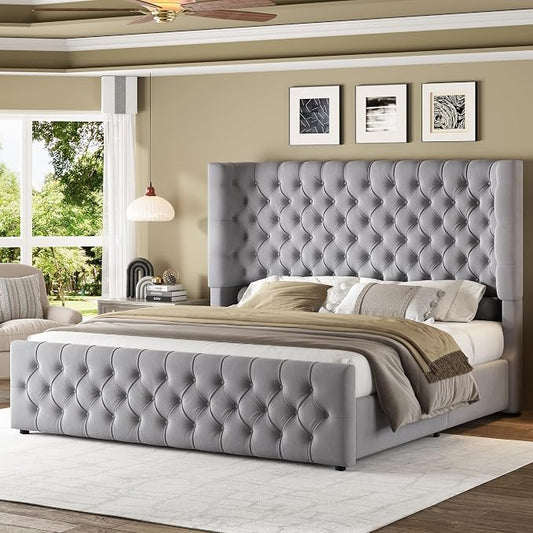 Jocisland California King Size Upholstered Bed Frame with 6.3-Inch Curved Wingback Headboard, Tufted Footboard, Wood Slats, No Box Spring Needed, Light Grey Velvet