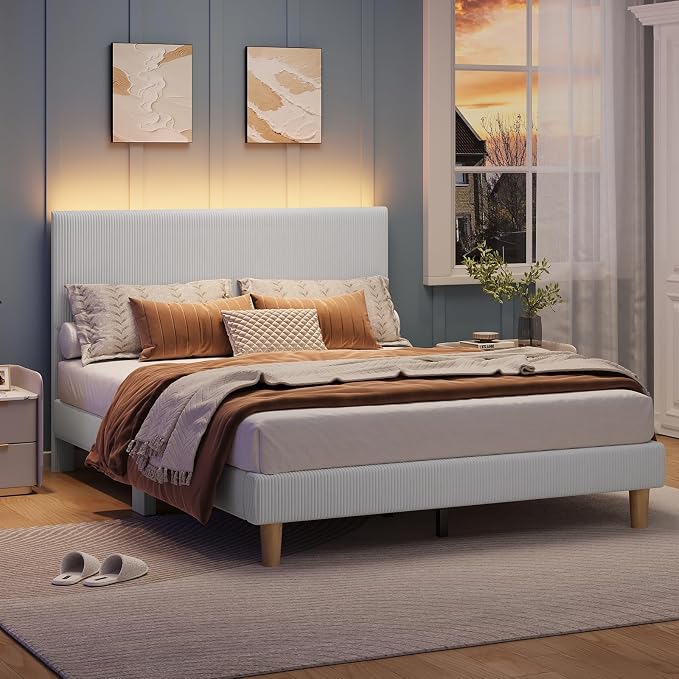 Bestier Queen Bed Frame with Headboard LED Lighting,Upholstered,Light Grey | LED Light Headboard,Easy Assembly,No Squeaks,Vertical Channel Corduroy Upholstered,Wood Slats Support,No Box Spring Needed