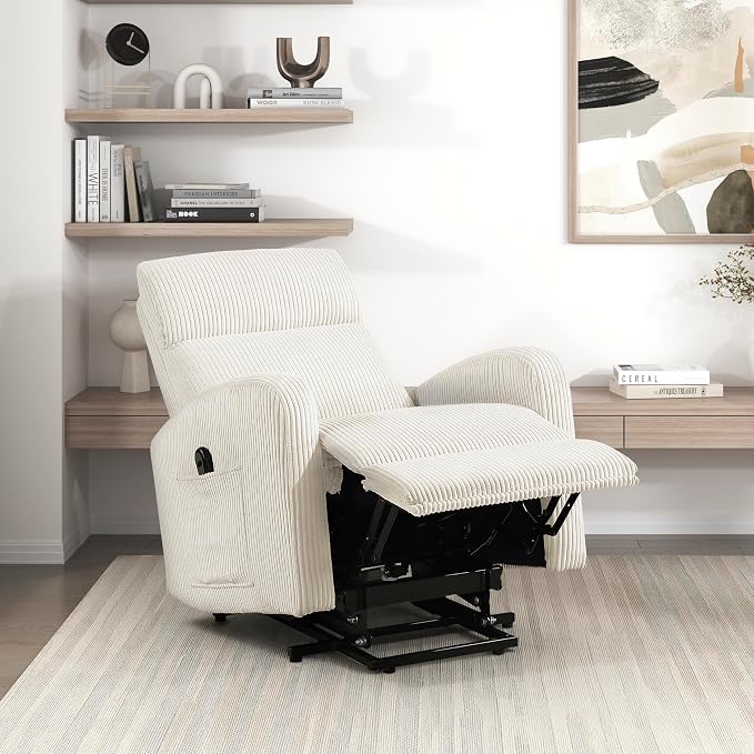 Lexicon Power Lift Recliner Chair for Elderly with Remote Control, Gentle Lift Motion, Side Pocket Armrest, Corduroy Upholstered Electric Recliner for Living Room/Bedroom, Easy Assembly, Beige