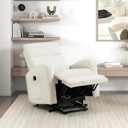Lexicon Power Lift Recliner Chair for Elderly with Remote Control, Gentle Lift Motion, Side Pocket Armrest, Corduroy Upholstered Electric Recliner for Living Room/Bedroom, Easy Assembly, Beige