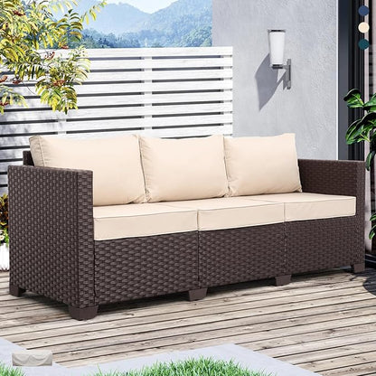 Oasishine Patio Furniture 3-seat Sofa Wicker Outdoor Furniture Outdoor Couch Deep Seat Hight Backrest Non-Slip Cushions, Khaki
