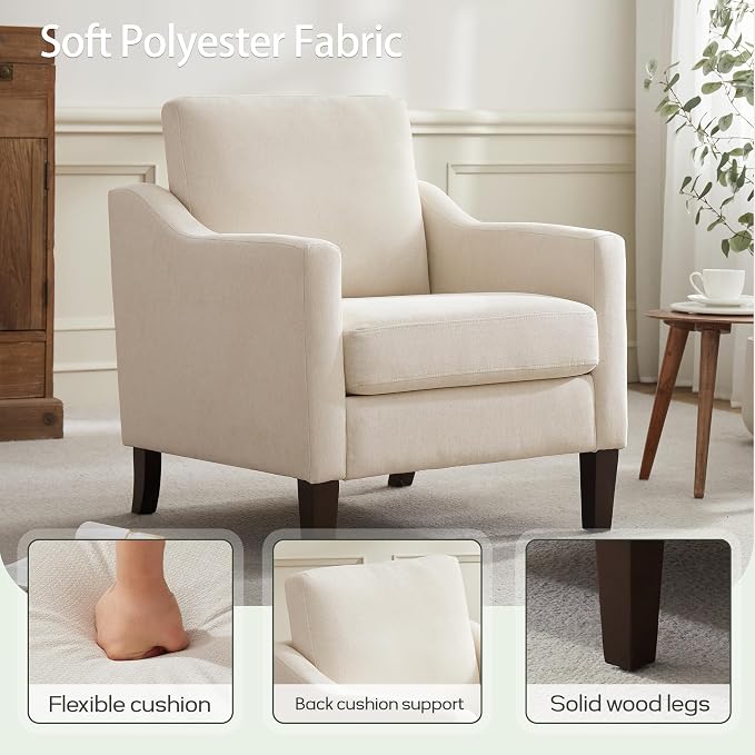 VKNOW Mid-Century Accent Chair, No Tools Assembly Required, Modern Upholstered Polyester Armchair for Living Room,Comfy Reading Accent Chairs with Wood Legs for Bedroom, Beige