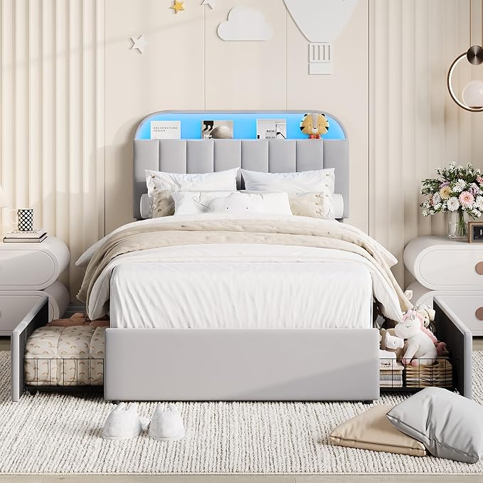 Garvee Twin XL Size Bed Frame with 2 Flexible Drawers, Velvet Upholstered Platform Bed Frame with Bookcase Headboard and LED Lights, Kids Bed for Girls, Easy Assembly, Noise Free, Grey