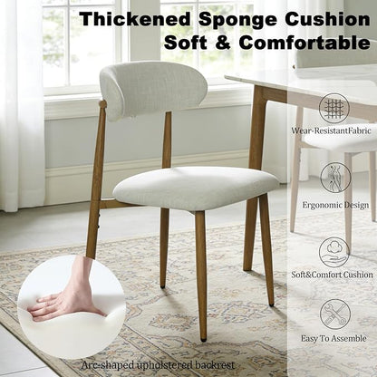 FREKEN Modern Upholstered Dining Chairs Set of 6, Mid-Century Metal Frame with Wood Grain, Linen Fabric Side Chair for Kitchen Dining Room, 350lbs Capacity, Beige