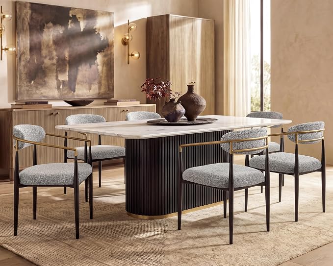 Morden Fort Modern Dining Table and Chairs Set for 6, 70" Black Dining Table with White Faux Marble Top and 6 Upholstered Chairs for Kitchen, Restaurant and Conference