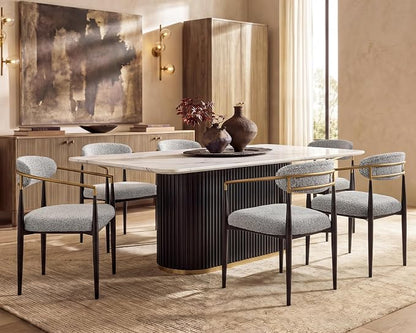 Morden Fort Modern Dining Table and Chairs Set for 6, 70" Black Dining Table with White Faux Marble Top and 6 Upholstered Chairs for Kitchen, Restaurant and Conference