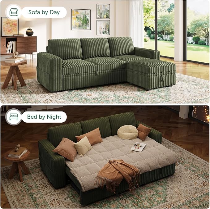 HONBAY Modular Sectional Sofa with Pull Out Bed,Corduroy L Shaped Sleeper Sofa with Storage, Sectional Couches for Living Room,Green