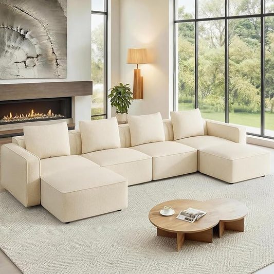 Welzona 132" Sectional Couch, Locked-in Modular Sectional Sofa, Wood Frame Couches for Living Room, 22" Deep Seat U Shaped Couch with Ottoman Chenille Cloud Sofa Tool-Free Setup Sofas for Living Room