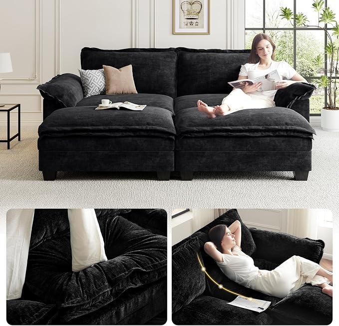 KKL Sectional Modular Sofa Bed, 4 Seater Cloud Couch with Ottoman, Chenille Sectional Couches for Living Room, Apartment, Black