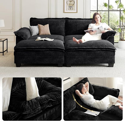 KKL Sectional Modular Sofa Bed, 4 Seater Cloud Couch with Ottoman, Chenille Sectional Couches for Living Room, Apartment, Black