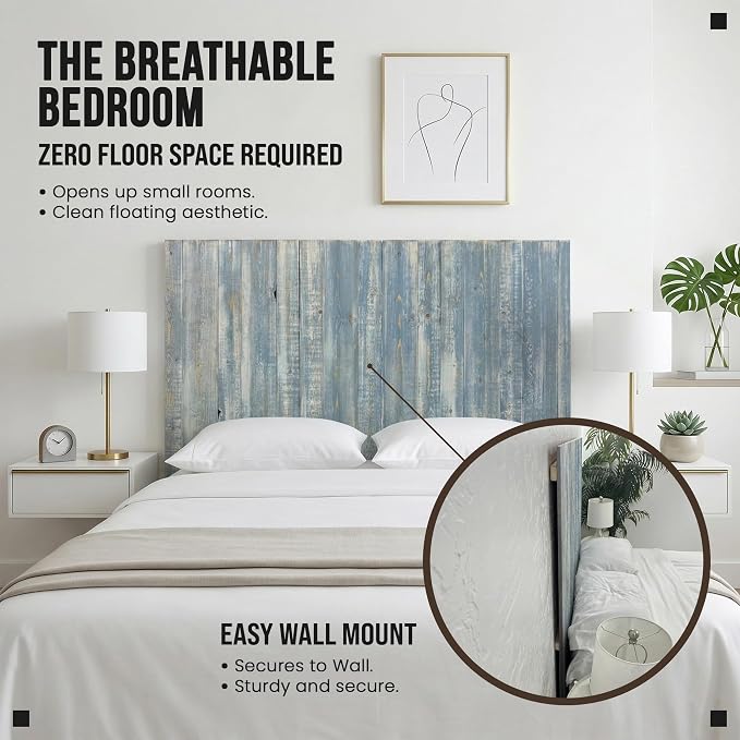 Barn Walls Solid Wood Queen Headboard, Wall Mounted Floating Fluted Headboard for Queen Bed Size, Farmhouse Rustic Mid Century Style, Low Profile Mount, Blue Powderwash, 64.5" L x 2" W x 36" H