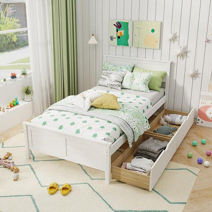 KOMFOTT Twin Size Wood Bed Frame with 2 Storage Drawers, Mid Century Platform Bed Frame with Headboard, Sturdy Wooden Slats Support, Modern Mattress Foundation, No Box Spring Required, Easy Assembly