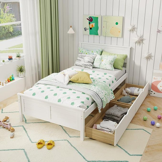 KOMFOTT Twin Size Wood Bed Frame with 2 Storage Drawers, Mid Century Platform Bed Frame with Headboard, Sturdy Wooden Slats Support, Modern Mattress Foundation, No Box Spring Required, Easy Assembly