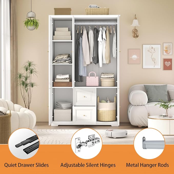 Armoire Wardrobe Closet with Drawers: Large White Wardrobe Closet with 3 Doors and 2 Drawers, Wooden Bedroom Armoires Storage Cabinet with Hanging Rod and Shelves (47")
