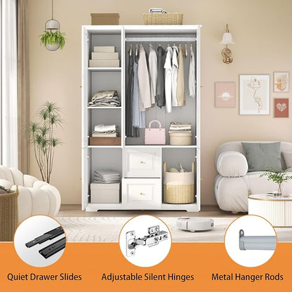 Armoire Wardrobe Closet with Drawers: Large White Wardrobe Closet with 3 Doors and 2 Drawers, Wooden Bedroom Armoires Storage Cabinet with Hanging Rod and Shelves (47")