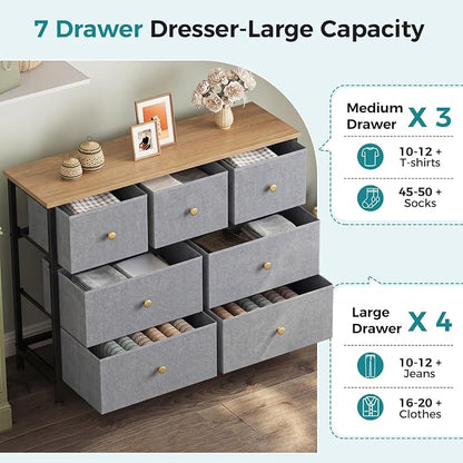 OLIXIS 7 Drawer Dresser for Bedroom, Tall Fabric Storage Tower with Sturdy Steel Frame and Wooden Top, Large Dresser for Living Room Entryway with Easy Pull Fabric Bins, Gray Blue