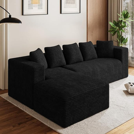 Oversized L Shaped Boneless Sectional Couches for Living Room, 107" Comfy Fluffy Cloud Modular Sectional Sofa, Plush Corduroy Memory Foam Floor Sofa with Left Facing Chaise Couch