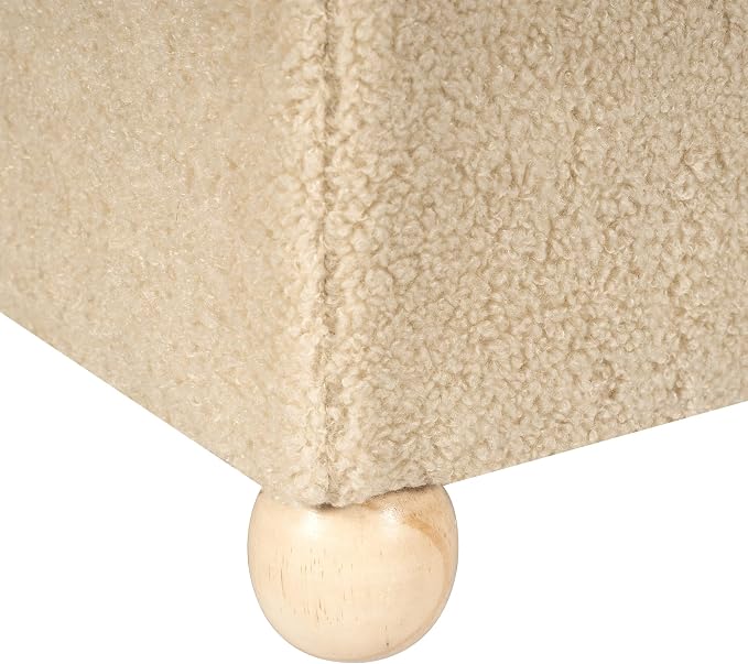 Adeco 17.3" Modern Oatmeal Teddy Velvet Storage Ottoman, Upholstered Cube Foot Stool with Hinged Lid, Round Solid Wood Legs, Versatile Vanity Seat for Living Room, Bedroom