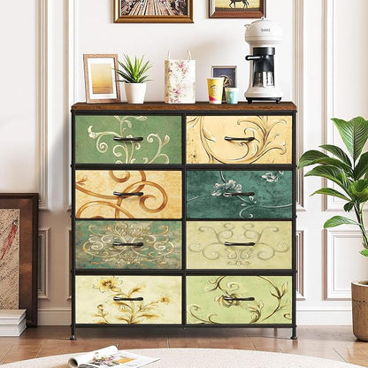 8-Drawer Dresser for Bedroom, Anti-Tip Tall Storage Organizer Chest of Drawers with Wooden Top and Metal Frame Fabric Bins for Closet, Living Room, Hallway, Entryway, Floral Painted