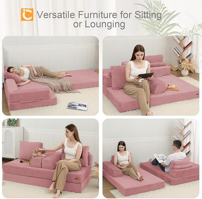 COMAX Futon Sofa Bed, Convertible Sofa Bed, Folding Boneless Couches | Boneless Couch for living room, 4‑in‑1 Fold Out Small Foldable Loveseat Floor Sleeper Mattress Lounge Space‑Saving, Pink