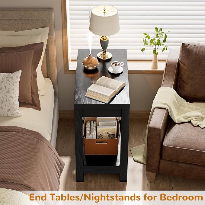 Besiost Farmhouse End Table, Narrow Side Table, Slim End Table with Storage Shelf, Small Console Table for Small Spaces, Nightstand Sofa Table for Living Room, Bedroom, 24" Embossed Wood Grain Black