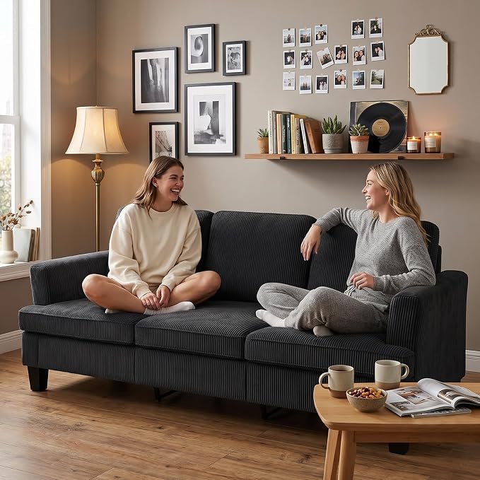 Modern 3 Seater Sofa for Living Room with Soft Deep Seats, Sofa 3 Seater in Linen, Upholstered Apartment Sofa with Armrests, Comfy Cozy Sofas for Bedroom (Corduroy, Dark Gray)