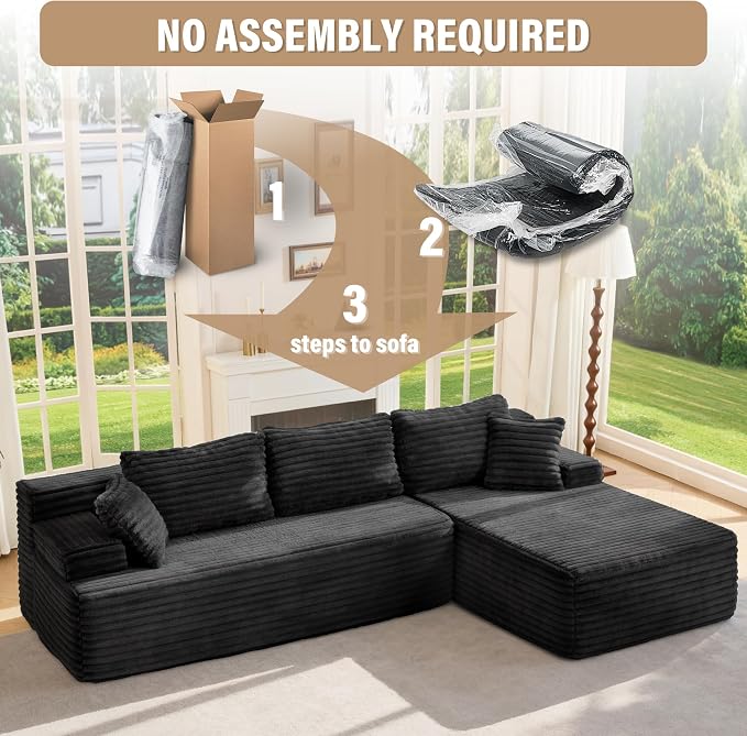 Hobestluk Boneless Couch Modular Sectional Sofa L-Shape Oversized Chaise | 108" Right Facing Chaise Charcoal,Memory Foam,Removable Cover,Non-slip Bottom,No Assemble Required,Living Room Furniture