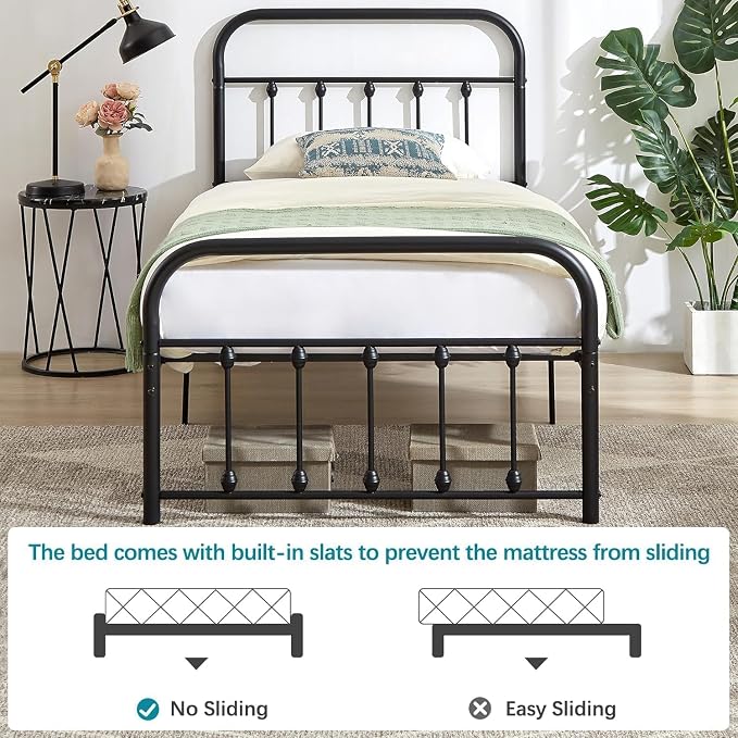 VECELO Black Metal Bed Frame Twin Size with Vintage Headboard and Footboard, No Box Spring Needed, Premium Stable Steel Slat Support Mattress Foundation
