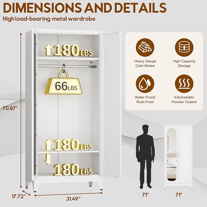 UNICOLY Metal Wardrobe Cabinet with Mirror Doors，71" Tall Armoire Wardrobe Closet with Hanging Rod and Adjustable Shelves，White Clothing Storage Cabinets for Bedroom, Living Room,Office