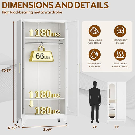 UNICOLY Metal Wardrobe Cabinet with Mirror Doors，71" Tall Armoire Wardrobe Closet with Hanging Rod and Adjustable Shelves，White Clothing Storage Cabinets for Bedroom, Living Room,Office