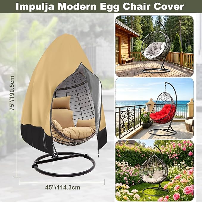 Egg Chair Cover Waterproof, 75x45 Inch Outdoor Hanging Egg Swing Chair Cover, Heavy Duty 420D Oxford Fabric, UV Resistant Windproof with Zipper & Drawstring, Fits Single Seat Egg Chair (Khaki)