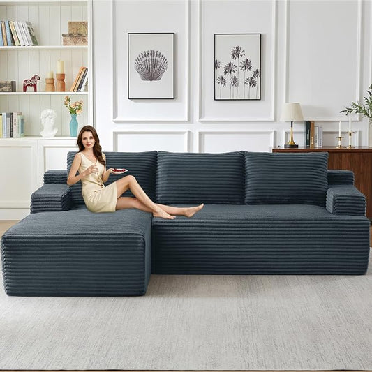 96.1" Modular Sectional Sofa Couches L-Shape Couch 3 Seat Modular Sofa Corduroy Memory Foam Sectional Boneless Couches for Living Room, Cloud Couch with Oversized Chaise(Dark Gray, Left Facing)