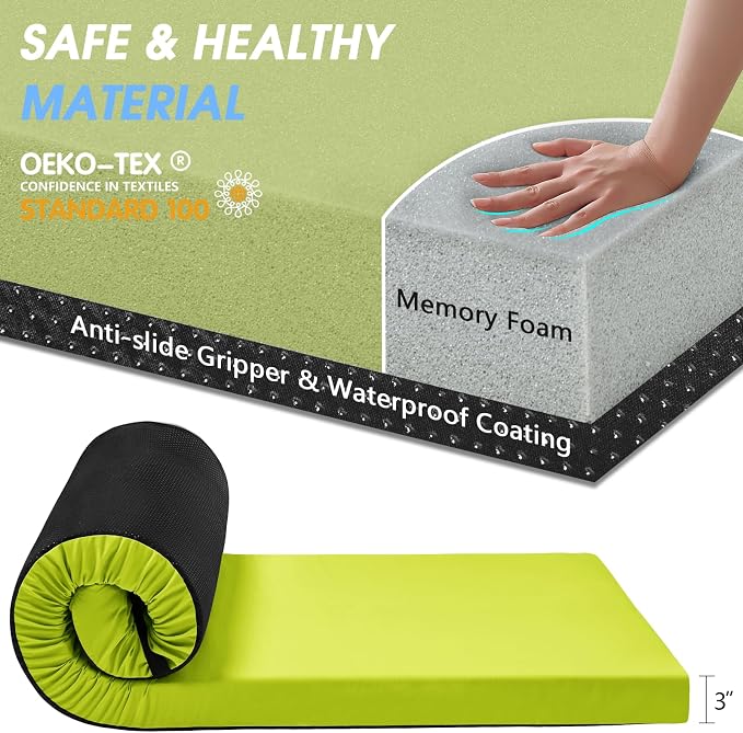CYMULA 3 Inch Memory Foam Camping Pad, Camping Essentials Roll Up Floor Mat for Car Camping, Cot, Tent, Truck, Travel and Guest Use, Non-Slip Waterproof Bottom, Removable Cover