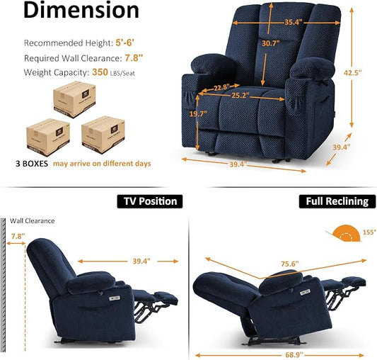 MCombo Oversized Zero Gravity Recliner Chair with Heating and Massage, Power Recliner for Big and Tall with USB & Type C Ports, Cup Holders for Living Room 8017 (Navy Blue, Oversized)