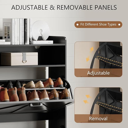 Shoe Cabinet with 2 Flip Drawers, Freestanding Hidden Shoe Storage Organizer for Entryway, Narrow Slim Shoe Rack Cabinet with Open Storage & Hooks for Front Door Entrance, Living Room, Hallway, Black