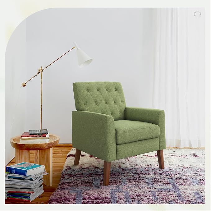 LUE BONA Linen Accent Chair 18.5" H, Upholstered Button Tufted Arm Chair, Comfy Living Room Chair with Arms, Modern Armchairs for Bedroom, Living Room, Avocado Green