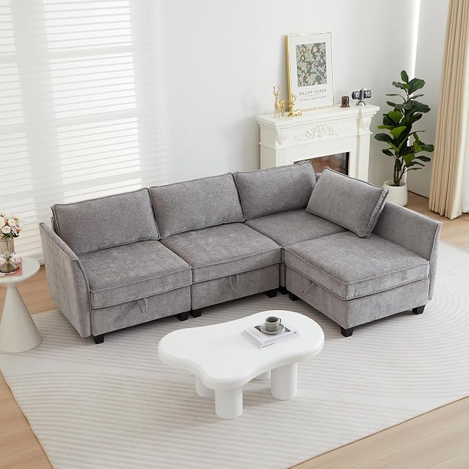 ORRD Corner Modular Sectional Sofa Set, Convertible L Shaped Couch with Storage, 4 Seater Sofa Modular for Living Room, Office (Grey)