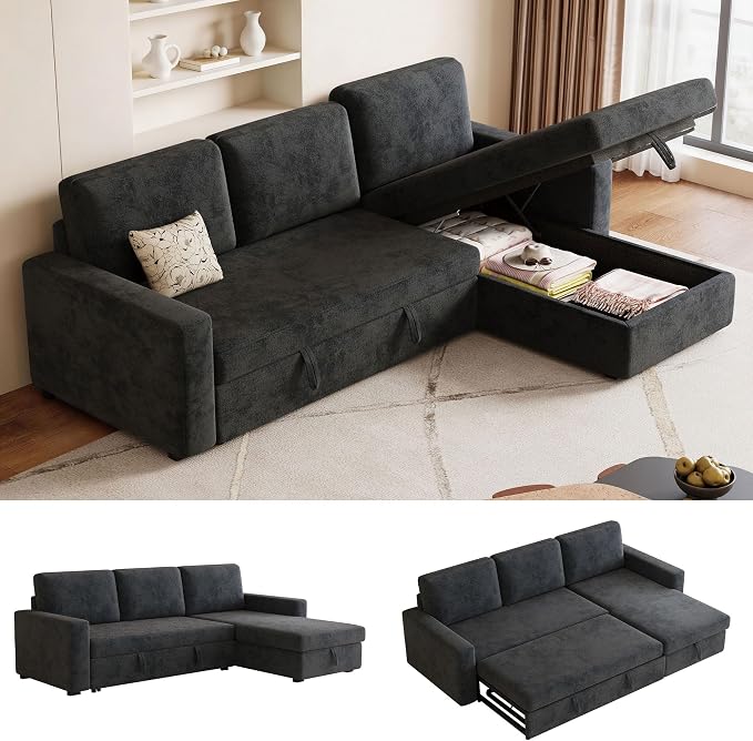 81" Convertible L-Shaped Pull Out Sectional Sleeper Sofa Bed, Dark Gray | Storage Chaise, Pull Out Sectional Couch, Removable Cushions, Chenille Fabric, For Small Apartment & Living Room