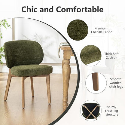 YOUNIKE Dining Chairs Set of 2 Modern Kitchen Dining Room Chairs Green | Chenille Fabric Upholstered Armless Side Accent Chair with Back Wide Padded Seat Wooden Leg for Kitchen Dining Living Room