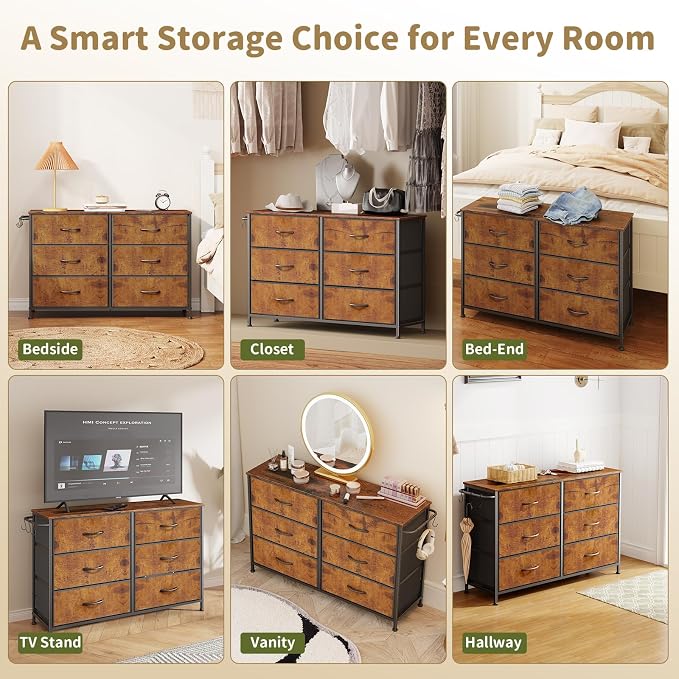 Dresser for Bedroom with 6 Drawers, Small Fabric Dresser for Kids Bedroom, Chest of Drawers, Storage Organizer Dresser for Closet, Nursery, Dorm, Apartment, TV Stand, Wood Top Side Hooks, Rustic Brown