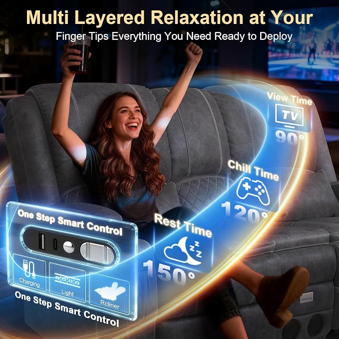 Power Recliner Loveseat Recliner with Massage and Lumbar Heating, Home Theater Reclining Loveseat with Flip Console, RV Couch Wall Hugger with 2 Speakers, Storage, USB, Outlet & LED (Velvet,Grey)