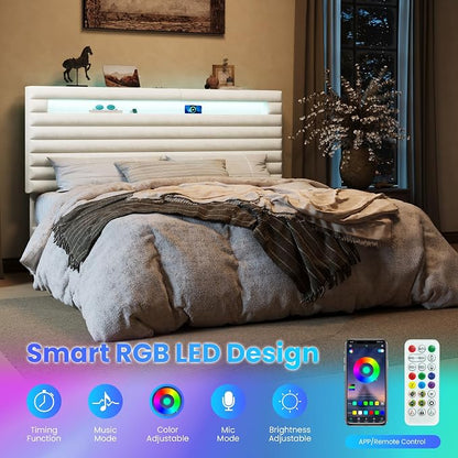 SHA CERLIN King Bed Frame with LED Light & 2-Tier Storage Shelf, Velvet Upholstered Adjustable Headboard with Charing Station, Horizontal Channel Tufted, No Box Spring Needed, Easy Assembly, White